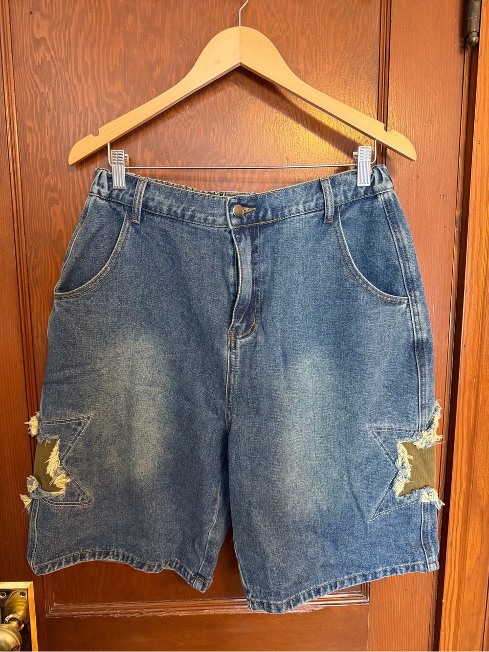 Amazon Blue Distressed Star Patch Denim Bermudas